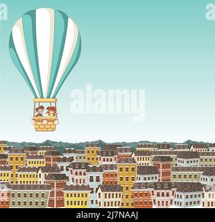 Cartoon-Kinder in einem Heißluftballon fliegen über bunte Stadt. Stock Vektor