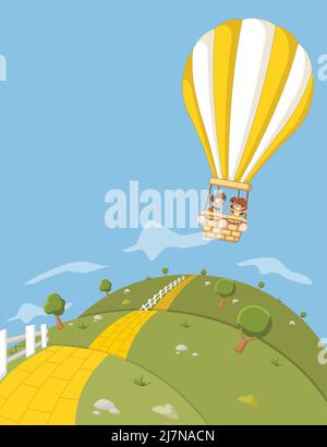 Cartoon-Kinder in einem Heißluftballon fliegen über grüne Hügel mit einer gelben Backsteinstraße. Stock Vektor