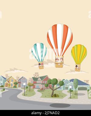 Cartoon-Kinder in einem Heißluftballon fliegen über einem Vorort Nachbarschaft einer bunten Stadt. Stock Vektor