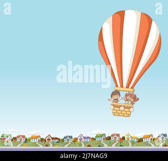 Cartoon-Kinder in einem Heißluftballon fliegen über einem Vorort Nachbarschaft einer bunten Stadt. Stock Vektor