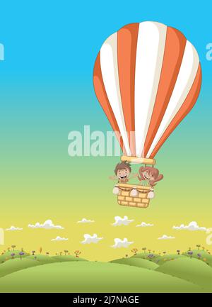 Cartoon-Kinder in einem Heißluftballon fliegen über einen grünen Park Stock Vektor