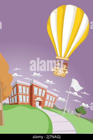 Cartoon-Kinder in einem Heißluftballon fliegen über ein Schulgebäude. Stock Vektor