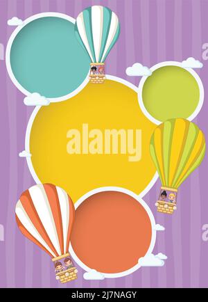 Cartoon Kinder in einem Heißluftballon am Himmel. Design von Infografik-Vorlagen. Stock Vektor