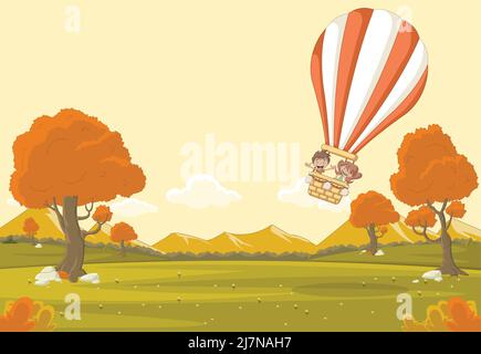 Cartoon-Kinder in einem Heißluftballon fliegen über einen Park. Naturlandschaft. Stock Vektor