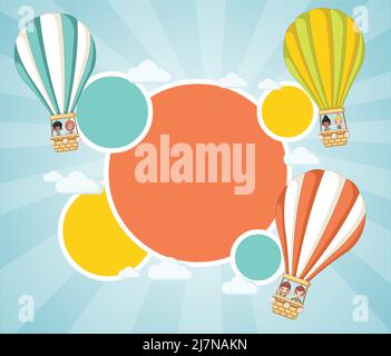 Cartoon Kinder in einem Heißluftballon am Himmel. Design von Infografik-Vorlagen. Stock Vektor