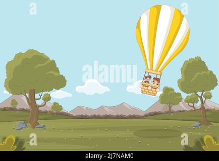 Cartoon-Kinder in einem Heißluftballon fliegen über einen Park. Naturlandschaft. Stock Vektor