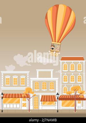 Cartoon-Kinder in einem Heißluftballon fliegen über bunte Stadt. Stock Vektor