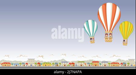 Cartoon-Kinder in einem Heißluftballon fliegen über bunte Stadt. Stock Vektor