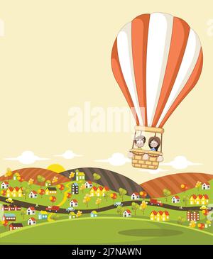 Cartoon-Kinder in einem Heißluftballon fliegen über einem Vorort Nachbarschaft einer bunten Stadt. Stock Vektor