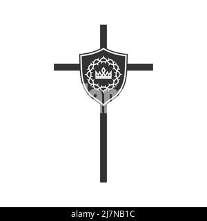 Christliches Symbol. Vektorlogo. Kreuz Jesu Christi und Schild mit einer Dornenkrone Stock Vektor