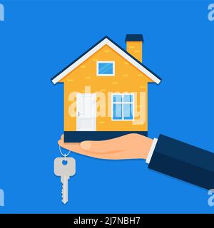 Ein neues Zuhause kaufen. Immobilienmakler gibt einem Käufer einen Schlüsselbund für das Haus. Vektorgrafik. Eps 10 Stock Vektor