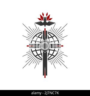 Christliche Illustration. Kirchenlogo. Das Kreuz Jesu Christi auf dem Hintergrund einer Kugel, auf einer Taube in einer Feuerflamme Stock Vektor