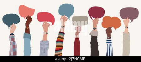 Personalkonzept. Hochgezogene Arme und überreichen multikulturelle Geschäftsleute mit farbenfroher Sprechblase. Beruf und Beschäftigung. Team Stock Vektor