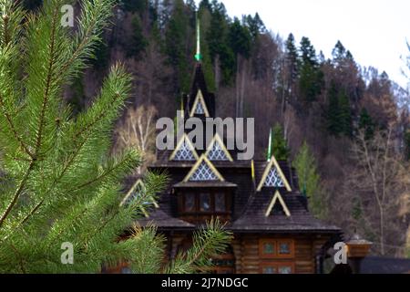 Ein schönes Holzhaus im Hochland der ukrainischen Karpaten steht vor der Kulisse eines dichten Waldes. Im Vordergrund sind grüne Kleie Stockfoto