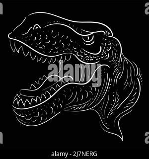 Der Vector Logo Drachen oder Dinosaurier auf schwarzem Tuch für T-Shirt Print Design oder outwear. Jagd Stil Reptil Hintergrund. Diese Zeichnung wäre schön Stock Vektor