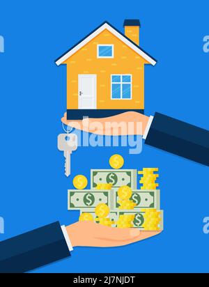 Ein neues Zuhause kaufen. Immobilienmakler gibt einem Käufer einen Schlüsselbund für das Haus. Vektorgrafik. Eps 10 Stock Vektor