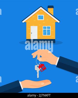 Ein neues Zuhause kaufen. Immobilienmakler gibt einem Käufer einen Schlüsselbund für das Haus. Vektorgrafik. Eps 10 Stock Vektor