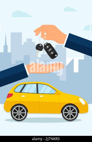 Ein Auto kaufen. Händler, Käufer Hand. Auto Showroom. Flache Vektorgrafik. Eps 10 Stock Vektor