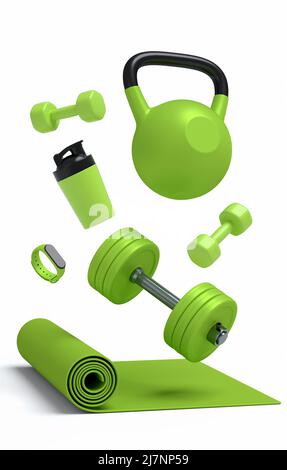 Isometrische Ansicht von Sportgeräten wie Yogamatte, Hantel und Smart Watches auf weißem Hintergrund. 3D Rendering von Krafttraining und Fitness-Konzept Stockfoto