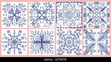 Aquarell-Keramikfliesen-Stilisierung mit blauen Ornamenten. Azulejos portugal, Türkisches Ornament, marokkanisches Fliesenmosaik, Talavera Ornament Stockfoto