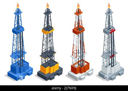 Isometrische Öl- und Gasproduktion im Naturkonzept. Gasflackern in einer Ölraffinerie. Erdgasindustrie Stock Vektor