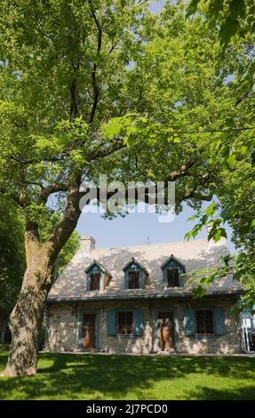 Altes 1740 Canadian fiieldstone Haus mit blauen Zierleisten und Zedernholz Schindeln Dach im Sommer. Stockfoto