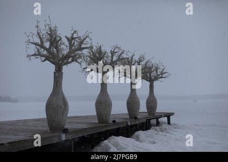 Promenade im Winter. Liegeplatz am See. Yachthafen mit Bäumen. Die Brücke ist auf einer Promenade. Stockfoto