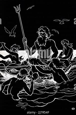 In der antiken römischen Mythologie war Neptun der gott des Meeres. Für die alten Griechen war er Poseidon. Er wird oft mit langen Haaren gezeigt und trägt einen bärtigen, sowie einen Dreizack, einen dreizackigen Speer, der zum Fischen verwendet wird und der oft mit diesem gott in Verbindung gebracht wird. Stockfoto