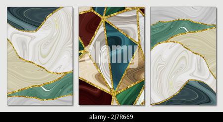 3D abstrakte bunte Marmor Leinwand Wand Kunst Rahmen Tapete. goldene Linien und Dreiecke in einem hellen Hintergrund. 3D Illustrationen Stockfoto
