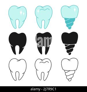 Zahn gesund Symbol, medizinische Zahnimplantat einfachen Stempel, Silhouette oder Doodle Umriss Set. Symbol Moderne Zahnhygiene, gesunde und saubere Zähne. Vektor-Design-Element für Logo, Website mobile App Stock Vektor