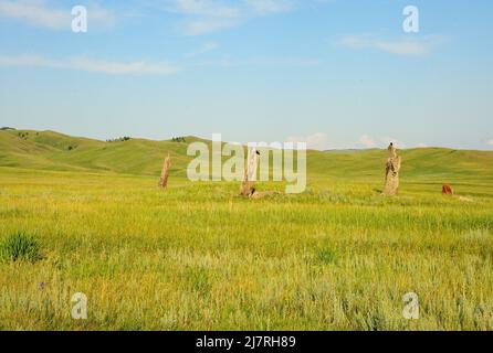 Menhire, alte Grabsteine, stehen in der Mitte eines fruchtbaren Tales, umgeben von hohen Hügeln. Safronow-Schubkarren, Chakassien, Sibirien, Russland. Stockfoto