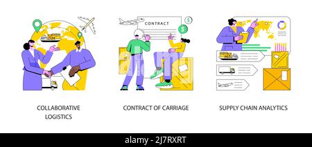 Abstraktes Konzept der Logistikbranche Vektor-Illustration-Set. Kollaborative Logistik, Frachtvertrag, Supply Chain Analytics, Frachtkosten, Frachttransport, Abstrakte Metapher für die Warenlieferung. Stock Vektor
