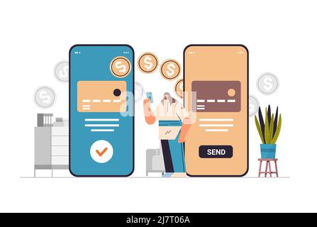 arabischer Geschäftsmann sendet oder empfängt Dollarmünzen über Smartphones Geldüberweisung Zahlung Finanztransaktionen Stock Vektor