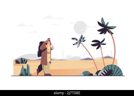 arabischer Mann Tourist Reisen mit Rucksack aktiven Urlaub Wandern Konzept Landschaft Hintergrund Stock Vektor