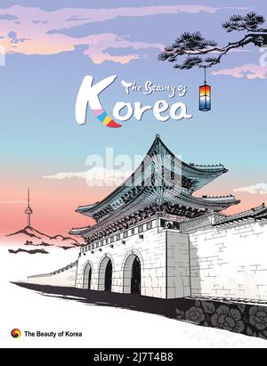 Wunderschönes Seoul, Korea. Traditioneller Palast, Gwanghwamun, Tintenmalerei, koreanische traditionelle Malerei Vektor-Illustration. Stock Vektor
