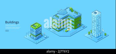 Poster mit modernen Stadtgebäuden. Vektor horizontales Banner der städtischen Architektur mit isometrischem Haus, Business-Turm und Büro mit Parkplatz und Hubschrauberlandeplatz auf dem Dach Stock Vektor