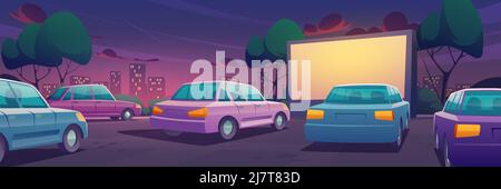 Autokino mit Autos auf dem Parkplatz. Kino im Freien für Auto. Vektor-Cartoon-Illustration der Sommerstadt Landschaft mit Open-Air-Kino mit leerem Bildschirm und Autos Stock Vektor