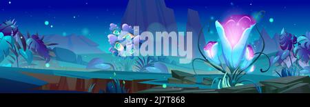 Fantasy-Spiel Hintergrund der fremden Welt mit fantastischen Pflanzen in der Nacht. Vektor-Cartoon-Illustration der Sommerlandschaft mit Bergen, Gras und ungewöhnlichen glänzenden exotischen Blumen Stock Vektor