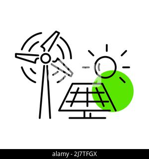 Alternative Energiequellen. Windmühle und Sonnenkollektoren. Nachhaltige erneuerbare Energien. Pixel-perfektes, bearbeitbares Strichliniensymbol Stock Vektor