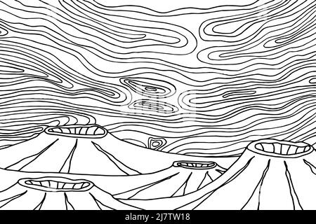 Doodle außerirdische Fantasy-Landschaft mit großen Berg Malvorlagen für Erwachsene. Fantastische psychedelische Grafik. Vektor von Hand gezeichnete einfache flache Illust Stock Vektor