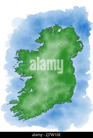 Handbemalte Aquarellkarte mit dem Umriss Irlands Stockfoto