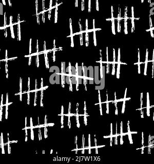 Wall Tally markiert nahtlose Muster, Gefängnis Hash- oder Jail Count-Linien, Vektorhintergrund. Handgezeichnete Strichmarkierungen an der Wand, Kratznummern oder Kreidestriche und weiße Pinselmarkierungen an der schwarzen Wand Stock Vektor