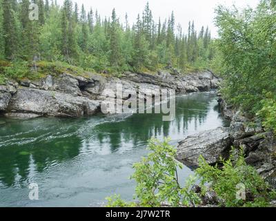 Blick auf den gewundenen Tarra-Fluss mit Birkenbusch, Kies, Gras und Granitfelsen. Nördliche Landschaft in Schwedisch Lappland am Padjelantaleden Wanderweg Stockfoto