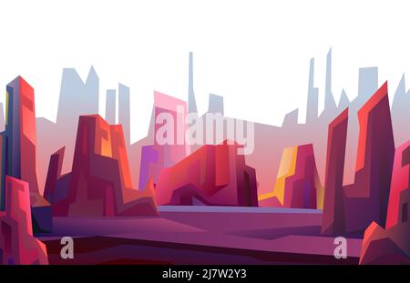 Felsige, neblige Landschaft. Wunderschöne Steinlandschaft. Flaches Cartoon-Design. Isoliert auf weißem Hintergrund. Vektor. Stock Vektor