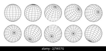 3D Globengitter, Planetenkugel und Kugeldrahtgestell. Vektor-Erdglobusoberfläche mit diskretem globalen Gitter oder Mosaik aus Längengrad und Breitengrad Meridianen und Parallelen, isoliertem Weltkarte Drahtnetz Stock Vektor