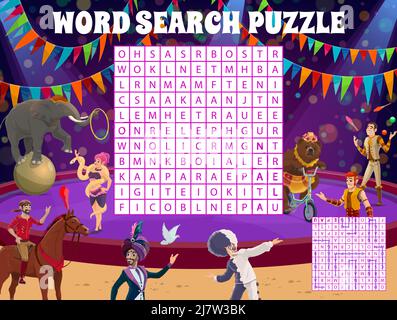 Shapito Zirkus Tier Trainer und Darsteller Wortsuche Puzzle Quiz Spiel Arbeitsblatt. Vector Karneval Top Zelt Bühne mit Clown, Jongleur, Zauberer, Schlange Tamer und Reiter Cartoon-Figuren Stock Vektor