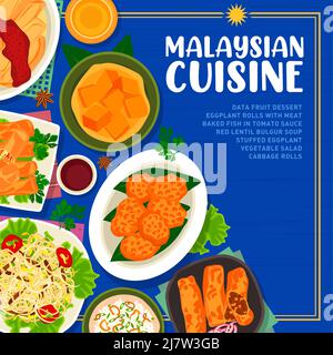 Malaysische Küche Menü Deckvorlage Vektor Bananenblatt Reis, Rind- oder Garnelennudelsuppe und Tofu-Pudding und Nasi-Lemak-Reis oder geschmorte Bohnenquark mit Pilzen Malaysiagerichte, asiatische Gerichte Stock Vektor