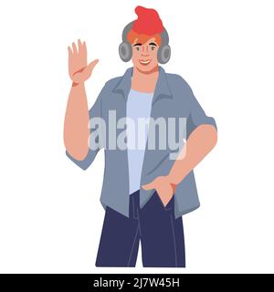 Junger lächelnder Mann mit Grußgeste, der auf weißem Hintergrund stand und Hallo. sagte Junger Kerl winkende Hand, flache Vektor-Illustration isoliert auf whi Stock Vektor