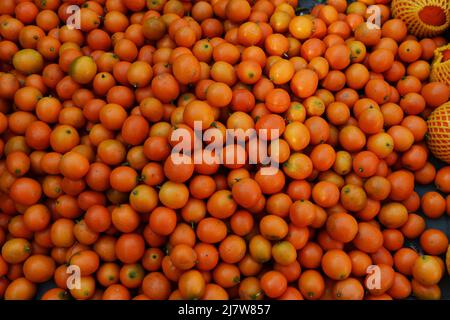 Crumquat-Orangen werden auf einem großen bunten Frischemarkt in chaoyangmen, Peking, China, ausgestellt. Stockfoto