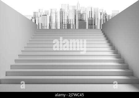 3D Abbildung. Architektur. Treppe steigt auf den Weltraum Hintergrund, Stadt mit Himmel und Wolken. Stockfoto